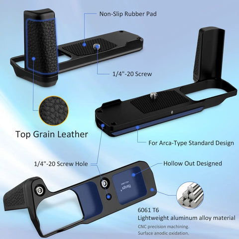OM System OM 3 Hand Grip Camera Bracket With Arca Swiss Interface showing non-slip pad and textured microfiber leather