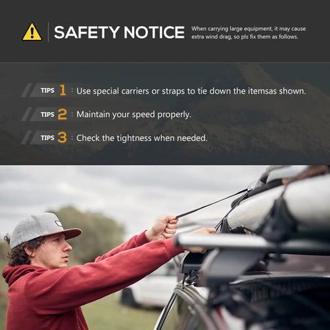 Safety notice tips for using Heavy Duty 300 Pound Universal Roof Rack Cross Bars effectively on vehicle.