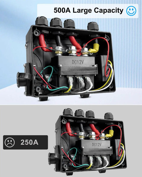 Inside view of 12V 500A solenoid for Ready To Go Prewired Winch Control Box Kit for 8000 to 17000 Lb ATV UTV Trailer Winches
