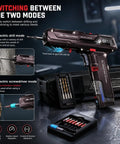 Futuristic Cordless Drill Kit And High Torque Rechargeable Power Tool Set showing modes with drill bits and screwdriver attachments.