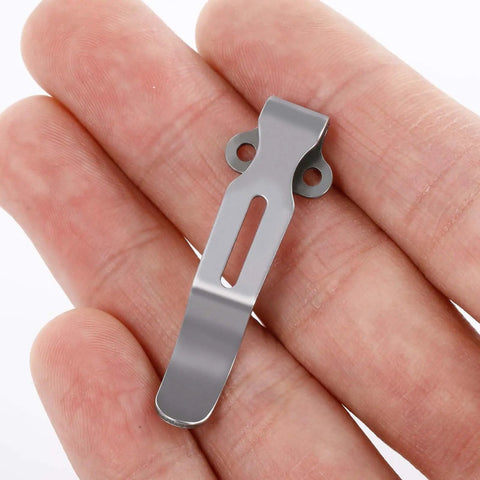 Industrial Strength Titanium Replacement Screws And Pivot Hardware Kit With A Deep Carry Pocket Clip For Folding Knife Upgrade, showing a titanium pocket clip in hand.