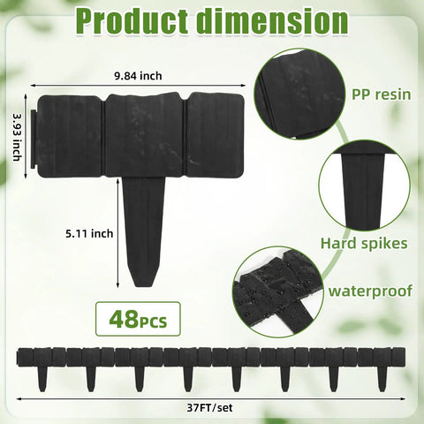 48 Pcs Landscaping Edging Border Kit With Interlocking Stakes For Lawn And Garden 37 Feet Black Plastic Border Fence dimensions