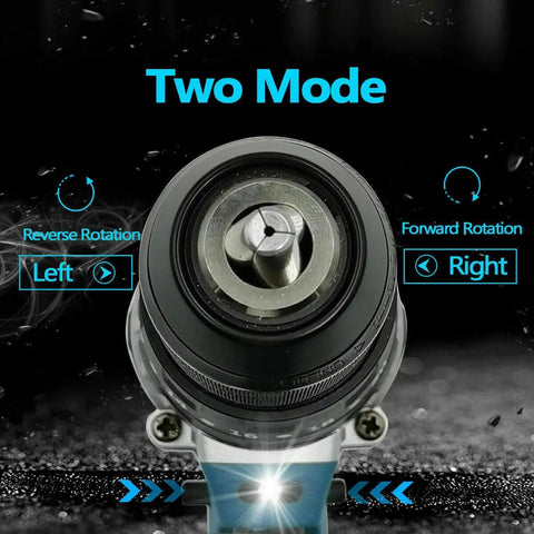 Close-up of the chuck and two rotation modes of the Badass 18V Brushless Cordless Drill Driver And Hammer Drill.