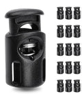 20 Pack Plastic Spring Cord Locks Toggle Stoppers for Paracord Drawstrings and Elastic Laces, black, front view of product design