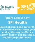 Klaire Labs logo next to SFI Health logo with text announcing merger and focus on efficacy, safety, quality, and trust.