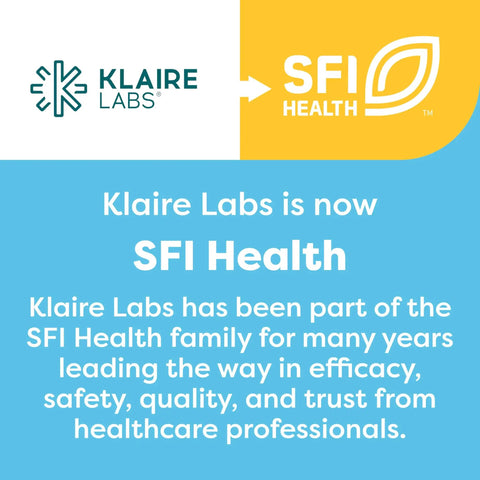 Klaire Labs logo next to SFI Health logo with text announcing merger and focus on efficacy, safety, quality, and trust.