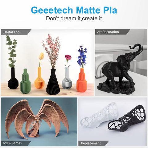 Smooth As Butter Matte PLA Filament 1.75mm Olive Green 1Kg Spool For 3D Printers displayed in various 3D printed shapes.
