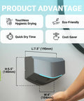 Lightning Fast Hand Dryer For Home And Commercial Bathrooms, Touchless Operation, with dimensions and product advantages shown