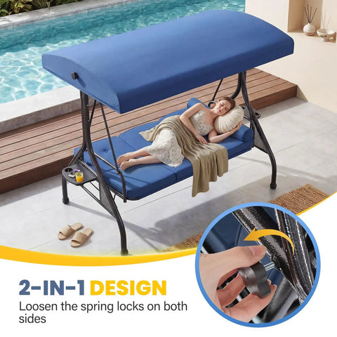 Woman reclining on Three Seat Outdoor Porch Swing With Adjustable Canopy Converts To Bed Two In One Patio Swing Blue