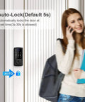 Keyless Front Door Lock With Touchscreen Keypad Fingerprint And App Remote Control Smart Deadbolt For Easy 10 Minute Install Multi Mode Security And No Fuss Access For Everyday Home Peace Of Mind installed on a white door next to a woman on the phone.