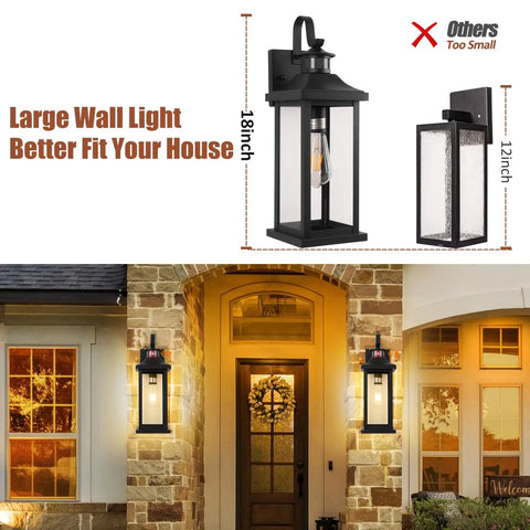 Hella Bright Motion Sensor Porch Light With Slick Dusk To Dawn Detection mounted on stone wall, 18-inch matte black finish.
