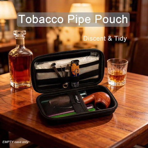Tobacco Pipe Pouch empty case with mesh pockets for accessories on wooden table, ideal for discreet storage.