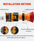 Installation method for No Frills Shop Grade Emergency Stop Push Button Station Box with gasket and card slots.
