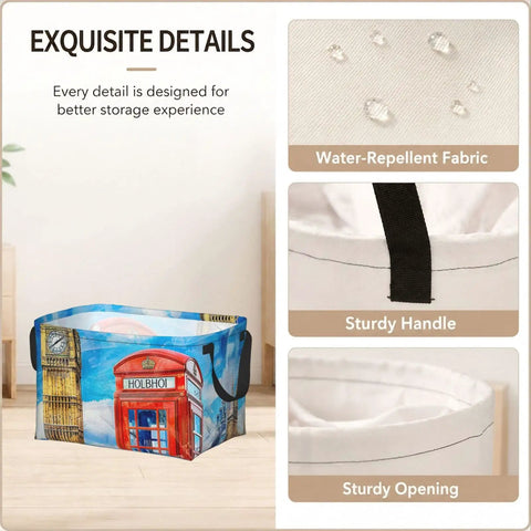 Hella Roomy Watercolor Storage Basket, durable foldable organizer showing water-repellent fabric and sturdy handles.