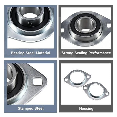 Set Of Two Heavy Duty Zinc Plated Pillow Block Bearings With Three Quarter Inch Bore Pressed Steel Flange And Self Aligning Seals Built Tough For Daily Garage Grind, close-up of flange bearings showcasing steel and sealing features.