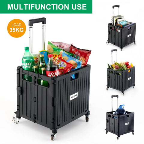 Folding Utility Cart With Lid And Basket On Four 360 Degree Rotating Wheels Portable Rolling Handcart filled with groceries and drinks