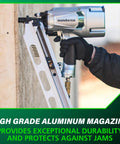 Top Shelf Pneumatic Framing Nailer With Smooth Operator Depth Tweaks And Heavy Duty Aluminum Magazine for snag free shooting of nails.