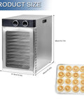 Badass Electric Food Dehydrator With 12 Stackable Trays And A Slam Dunk 1200W Motor showing product dimensions and dried citrus slices.