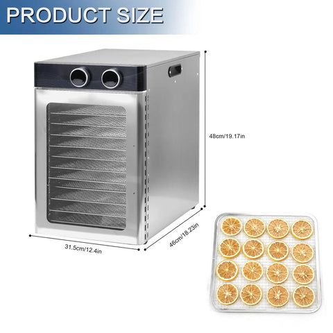 Electric Food Dehydrator With 12 Stainless Steel Trays Kicks Ass Making Top Shelf Beef Jerky Crispy Dried Fruit And Homemade Dog Treats Featuring 1200W Heater And 360 Degree Airflow For Ultimate Snack Game And Meal Prep Wins, showing size details.