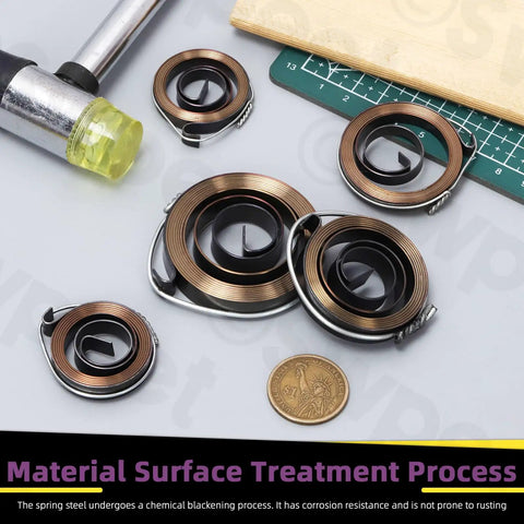 Three Piece Drill Press Return Springs Kit 35 by 6 by 0.8mm including quill feed return coils displayed with tools