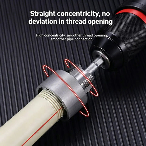 Close-up of Heavy Duty Electric Drill Compatible Pipe Threader For Pvc, showing smooth thread opening on PVC pipe.