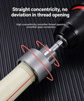 Heavy Duty Internal And External Pipe Threading Tool Kit Cut 1/2 And 3/4 Inch Pipes Electric Drill Compatible Alloy Steel Threader For Plumbing Repairs Durable Tap Wrench showing smooth threading on PVC pipe.
