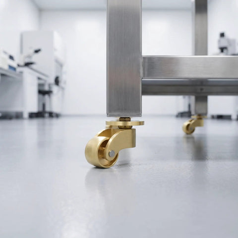Heavy Duty Vintage Brass Swivel Caster Wheels With Cushioned Rubber Tread Set Of 4 on stainless steel furniture base.