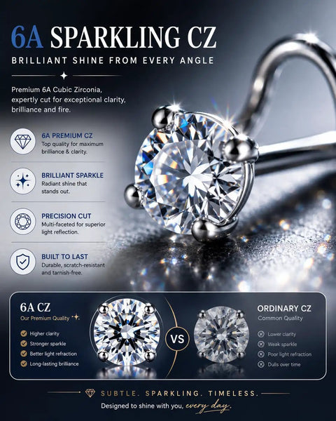 Close-up of 6A sparkling CZ cubic zirconia in a metal setting, showcasing brilliance and clarity for G23 Titanium Corkscrew Nose Studs.
