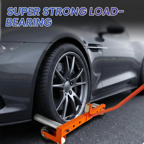 Adjustable Heavy Duty Tire Dolly And Wheel Lifter Built Like A Tank With Rust Resistant Finish And Smooth Rolling Casters under a car tire.