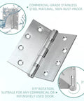 Six Pack Heavy Duty Ball Bearing Door Hinges 4.5 By 4.5 Square Inch Brushed Nickel Stainless Steel Build Rust Proof Hardware close-up with rotation detail.