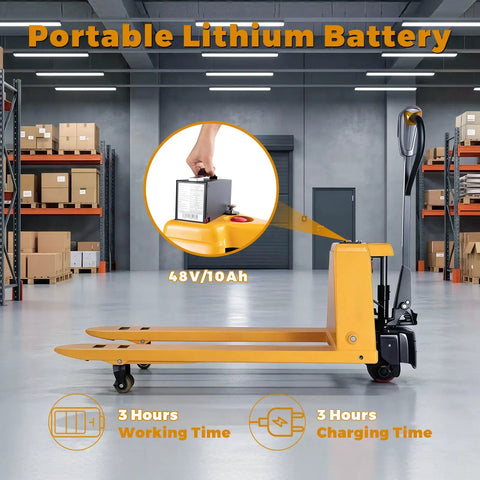 Heavy Duty Electric Pallet Jack 3300 Lbs Load Capacity With Dual Lithium Batteries For No Sweat Warehouse Material Handling And All Day Run Time On Forty Eight Inch Forks with portable lithium battery and specs detail.
