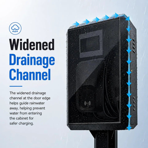 Built Like A Tank Outdoor EV Charger Enclosure With Sturdy Pedestal Stand And Combination Lock Heavy Duty Weatherproof Armor showing widened drainage channel.