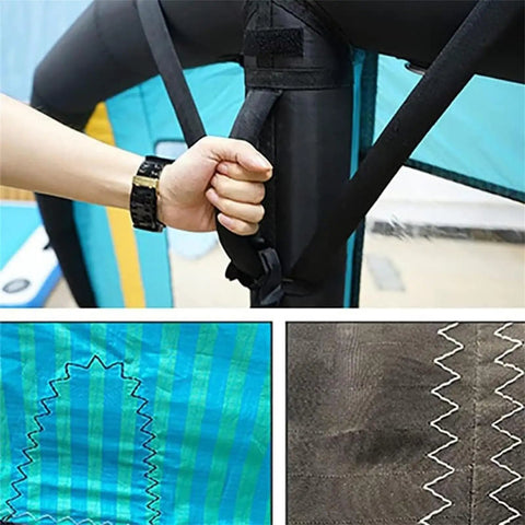 Close-up of Inflatable Windsurfer Wing With Clear View Window for Wing Foil showing handle and stitching details, 4 cubic meters.