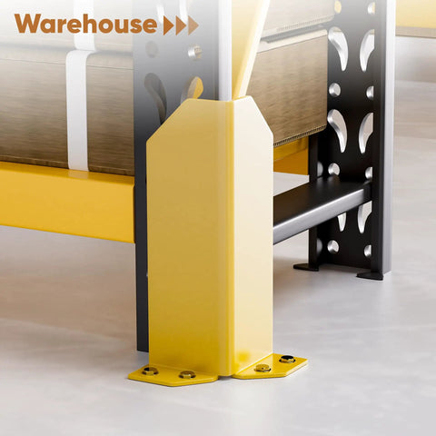 Built Tough 12 Inch Steel Pallet Rack Post Protectors With Ten Floor Anchor Bolts Warehouse Column Guards in yellow protecting shelving.