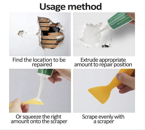 Instructional image showing steps to use Fast Drying Wall Repair Putty Spackling Paste For Drywall That Fixes Nail Holes Cracks And Scratches White Ready To Use 2 Pack For A Fast Mess Free Fix Every Time