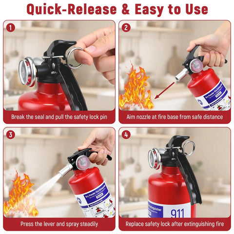 Quick-release instructions for 2.5 Lb Abc Dry Powder Fire Extinguisher Rated 1A 10B C for Class A B and C Fires usage.