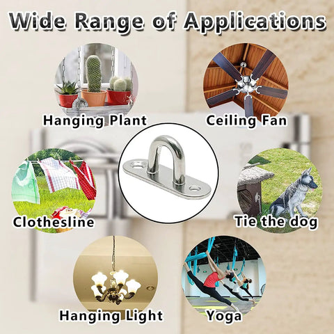 Diagram showing uses of 4 Pack 3.1 Inch 304 Stainless Steel Ceiling Hooks Pad Eyes Plate Rustproof Marine Hardware.