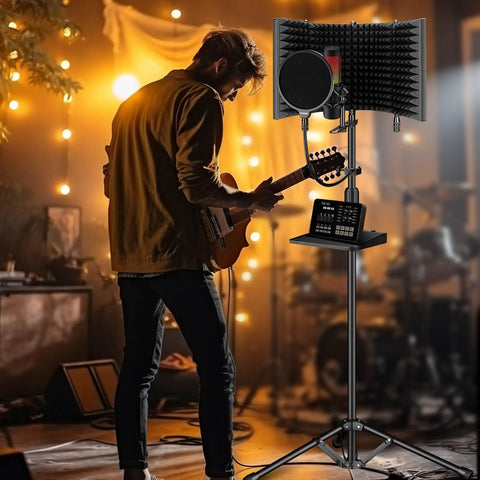 Musician using Pro Grade Studio Microphone Isolation Shield with Pop Filter and Adjustable Stand for clear vocals, in studio setting.