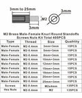 Top Shelf Brass M2 Knurled Standoff And Threaded Spacer Assortment Kit With Sweet Steel Hex Nuts Screws Clips For Pcb Motherboard Electronics Projects And Home Repairs dimensions and details of M2 brass standoffs and screws.