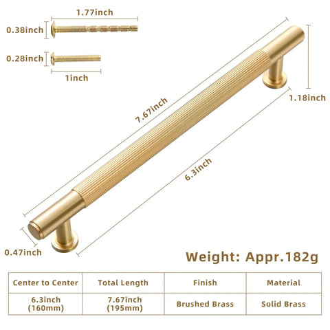 Top Shelf Solid Brass Cabinet Pulls Featuring Slick Brushed Gold Finish Straight Up Heavy Duty Drawer Handles For Modern Kitchens Closets Easy Six Inch Center Install Five Pack dimensions showing 7.67 inch length.