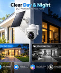 Slick Solar Powered Outdoor Wireless Security Camera Capturing Crisp 3MP HD Video with solar panel mounted on wall.