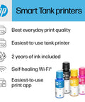 HP Smart Tank printers with ink bottles, highlighting best print quality, easy use, 2 years of ink included, Wi-Fi connectivity.