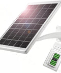 Hella Reliable 8W Solar Panel With 12000mAh Battery Backup For Wireless Security Cameras mounted on wall with battery unit.