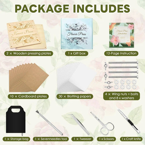 Contents of 11x11 Inch Dope Extra Large Flower Press Kit With 10 Wooden Layers including pressing plates, gift box, and tools.