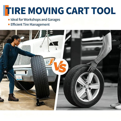Tire moving comparison using Knockout 500 Lb Heavy-Duty Adjustable Tire Dolly Cart, supporting 12 to 24 inch tires in garage.