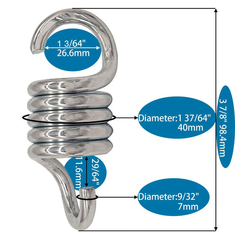 Heavy Duty Porch Swing Springs 2 Pack 750Lbs Each Total 1500Lbs Capacity For Ceiling Mount Indoor Outdoor Hammock Chair Suspension Hangers Premium Steel Construction With Shock Absorbing Coils For Smooth Swing measurement diagram