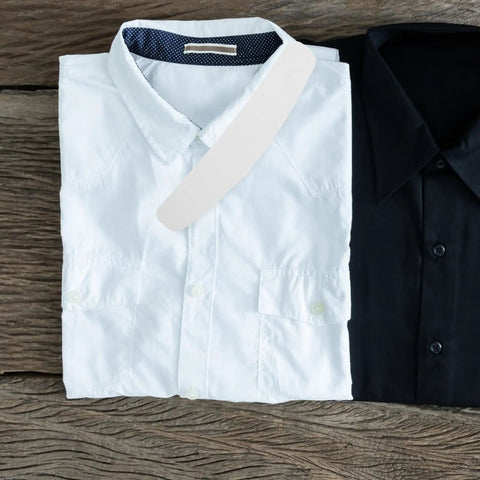 Heavy Duty Plastic Collar Stays To Lock Your Shirt Clean And Keep It Crisp All Day 10 Pack near white and black dress shirts
