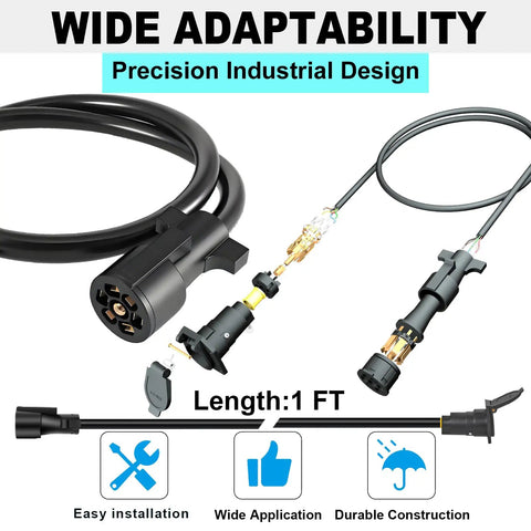 Heavy Duty 7 Way Trailer Extension Cord Plug And Play One Foot Wiring Cable With Socket for RV Camper Trailers, durable molded housing.