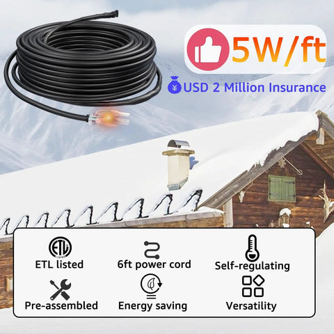 Self Regulating Heating Cable Kit Pre Assembled For Roof Deicing And Pipe Freeze Protection 75 Foot Length 120 Volt ETL And UL Certified Easy No Fuss Install All Weather Durability For Homes And Buildings displayed on a snow-covered roof