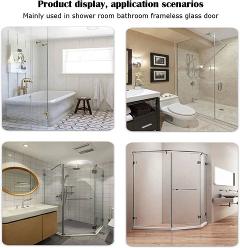 Heavy Duty Two Pack 180 Degree Glass Door Hinges Rock Solid 304 Stainless Steel Pivot For Frameless Showers And Cabinets Auto Spring Back With Zero Hassle Mounting Hardware Included showcased in bathroom settings.